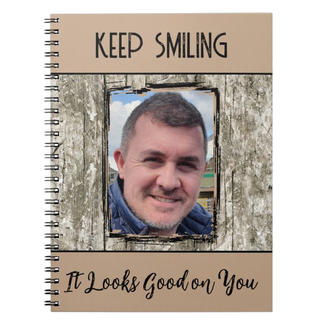 Faux grey wood effect keep smiling photo brown notebook (Front)