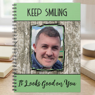 Faux grey wood effect keep smiling photo green notebook