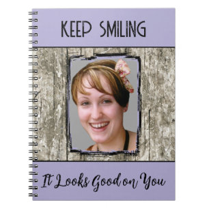 Faux grey wood effect keep smiling photo purple notebook