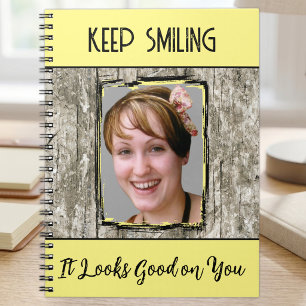 Faux grey wood effect keep smiling photo yellow notebook