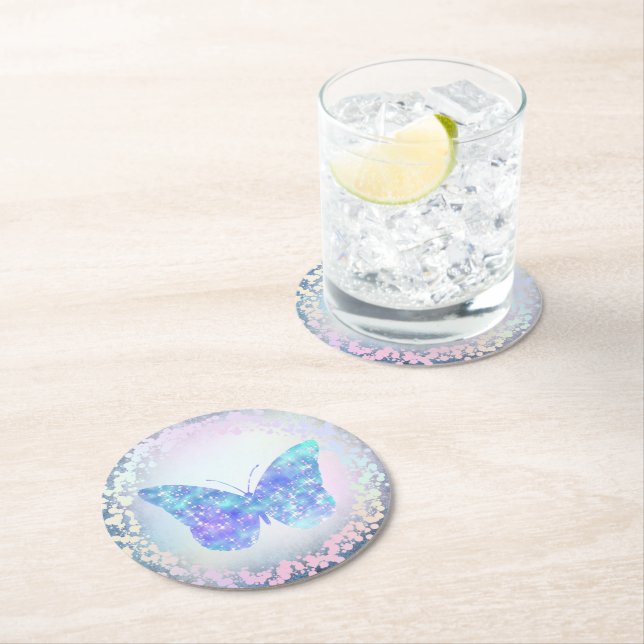 faux holographic blue butterfly round paper coaster (Insitu)