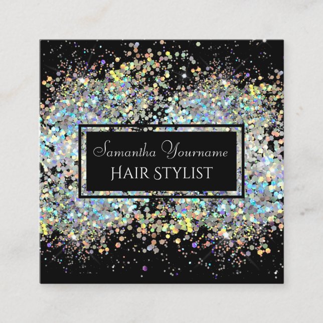 Faux Holographic Glitter Hair Stylist Square Business Card (Front)