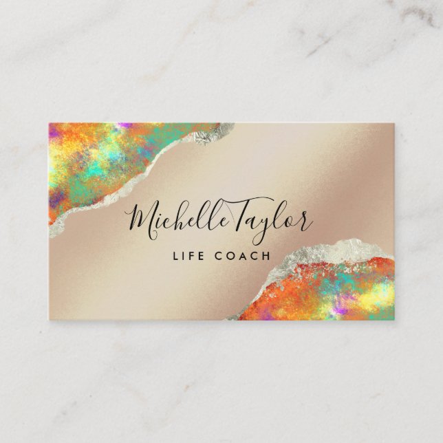 faux holographic iridescent opal stone elegant bus business card (Front)