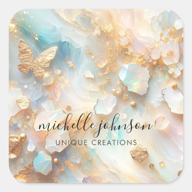 Faux Holographic Opal Moonstone Gold Butterfly Square Sticker (Front)