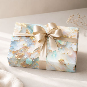 Faux Holographic Opal Moonstone Gold Butterfly Wrapping Paper Sheet