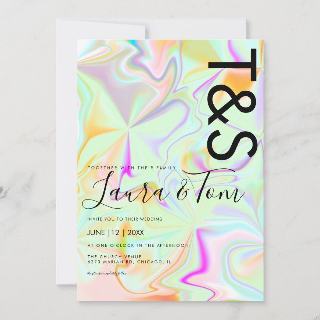 Faux Holographic Pink Bold Script Typography  Invitation (Front)