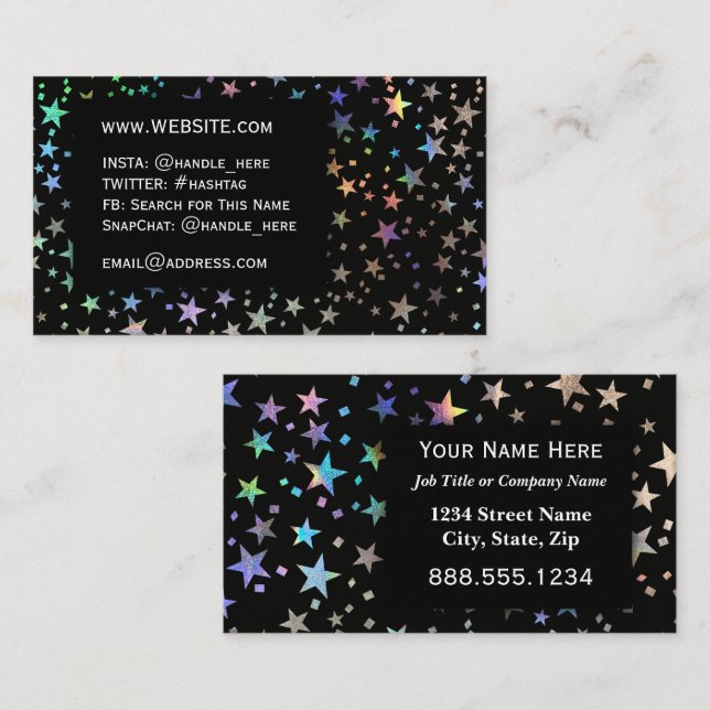 Faux Holographic Rainbow Stars Professional Black Business Card (Front/Back)