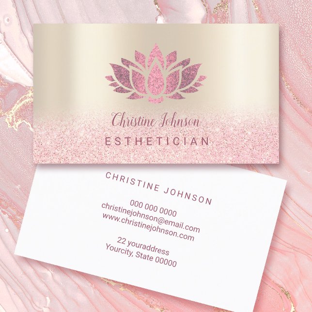 faux hot pink glitter lotus on gold background business card (Creator Uploaded)
