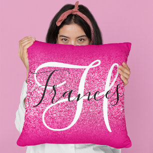 Faux Hot Pink Glitter Ombre Monogrammed Cushion