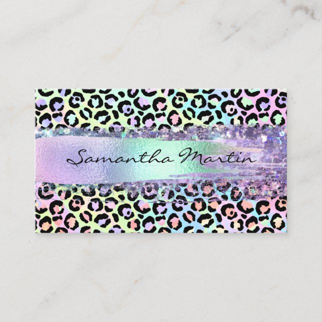 Faux Iridescent Foil Brush Stroke Rainbow Leopard Business Card (Front)