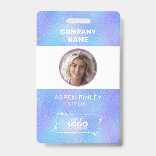 Faux Iridescent Foil Photo Logo QR-Code Name Badge ID Badge