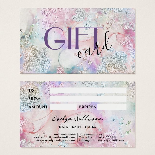 Faux iridescent glitter watercolor gift card (Front & Back)