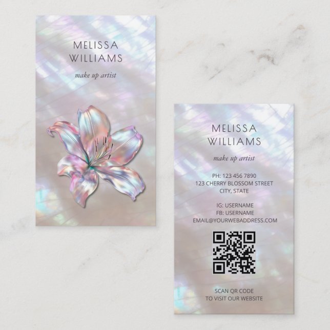   FAUX Iridescent Holographic Lily Qr Code Business Card (Front/Back)