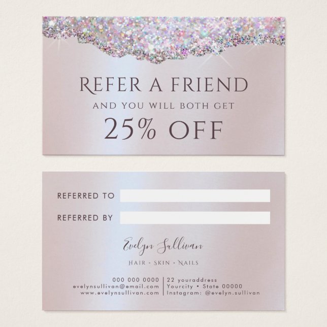 Faux iridescent pink glitter foil referral card (Front & Back)