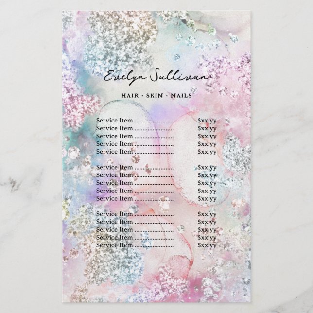 Faux iridescent watercolor price list flyer (Front)