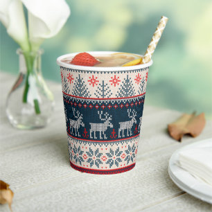 Faux Knit Holiday Pattern Nordic Theme Christmas Paper Cups