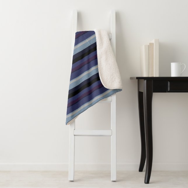 Faux Knitted Stripe Pattern Purple Blue White     Sherpa Blanket (In Situ)