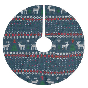 Faux Knitting Pattern Christmas Tree and Deer Brushed Polyester Tree Skirt