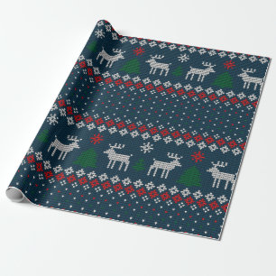 Faux Knitting Pattern Christmas Tree and Deer Wrapping Paper