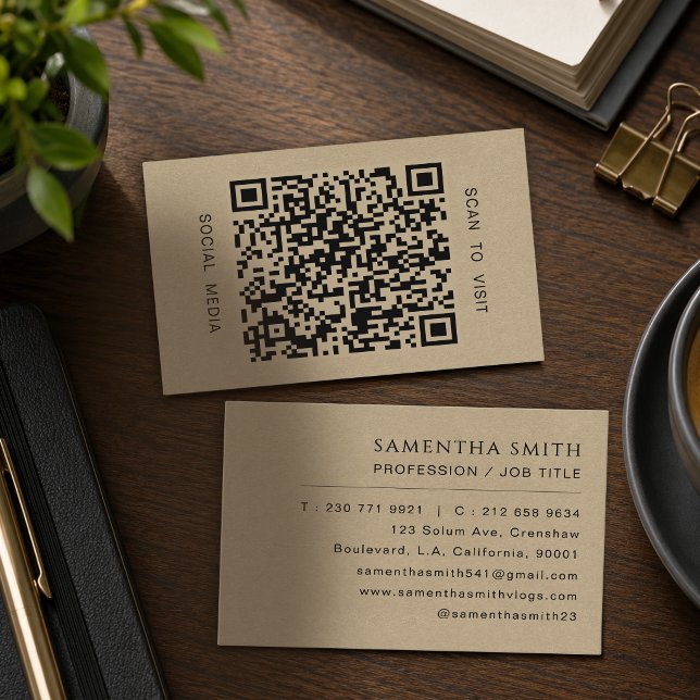 Faux Kraft Professional QR Code Minimal  Business Card (Creator Uploaded)