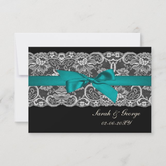 Faux lace and ribbon aqua , black  3.5 x 5 rsvp card (Front)