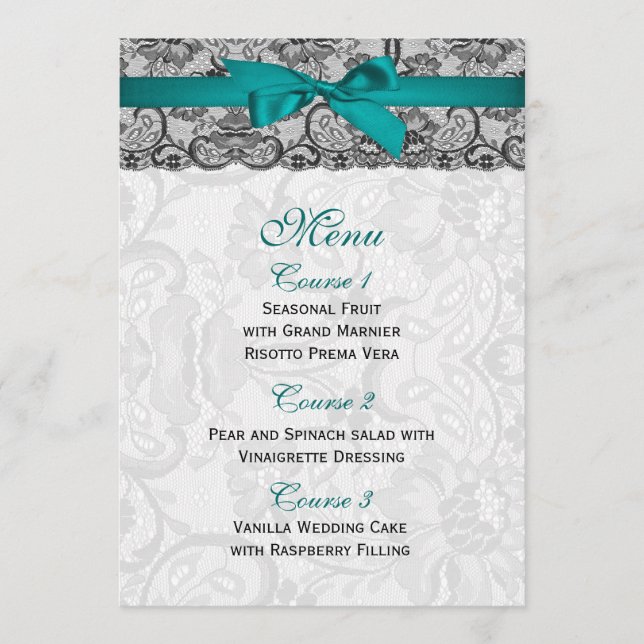 Faux lace and ribbon aqua ,black  wedding Menu (Front)