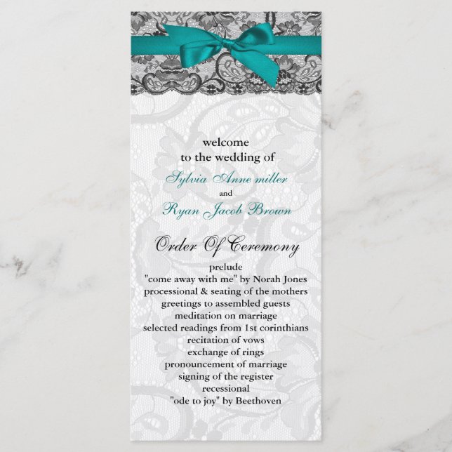 Faux lace and ribbon aqua, black  wedding programs programme (Front)