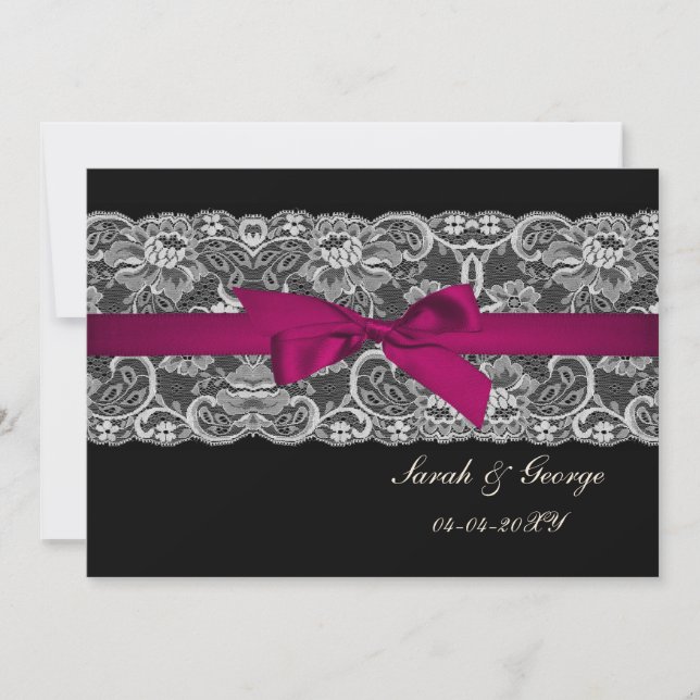 Faux lace and ribbon pink, black  save the date (Front)