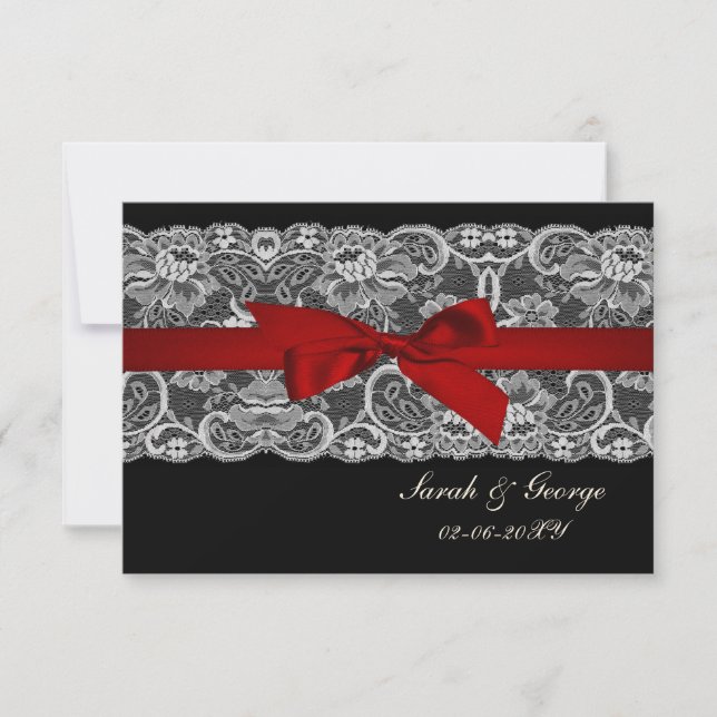 Faux lace and ribbon red , black  3.5 x 5 rsvp card (Front)