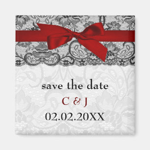 Faux lace and ribbon red, black  save the date magnet