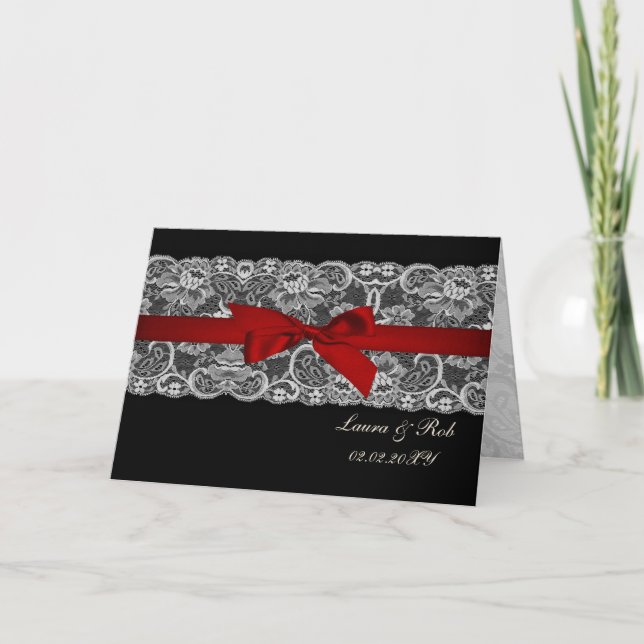Faux lace and ribbon red ,black  wedding Thank You (Front)