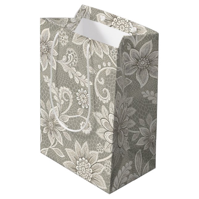 Faux Lace Ivory on Silver Grey Retirement Wedding Medium Gift Bag (Back Angled)