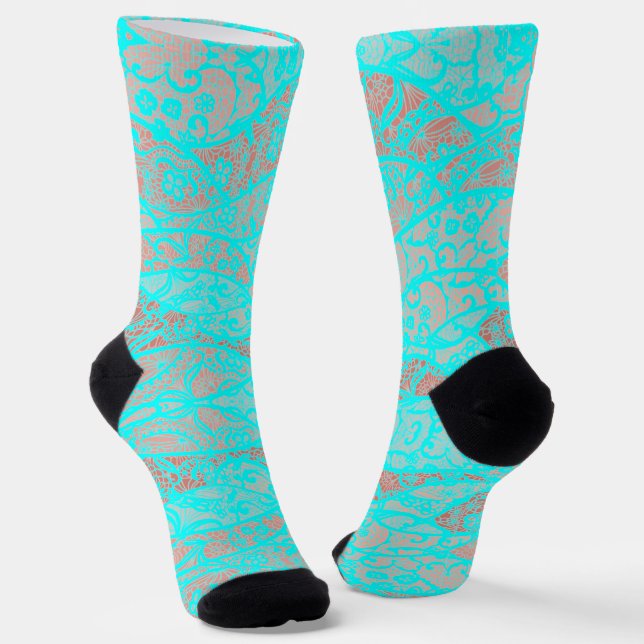 Faux Lace Teal Blue Aqua Turquoise Fishnet Socks (Angled)