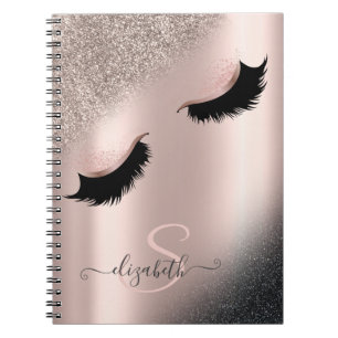 Faux Lashes Black Glitter Bokeh Rose Gold Notebook