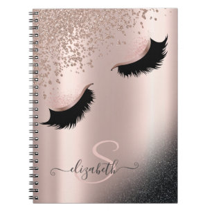 Faux Lashes Black Glitter Diamonds Rose Gold Notebook
