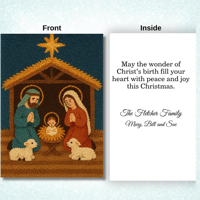 Faux Latch Hook Christmas Nativity Scene Holiday Card (Front and Inside of Teal and Rust Nativity Scene)