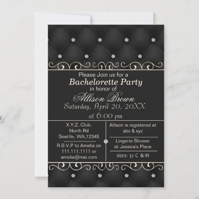 FAUX leather black bachelorette party invite (Front)