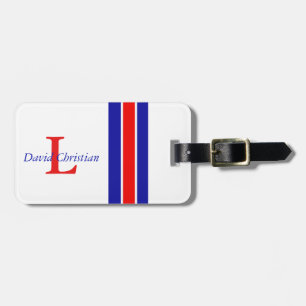 Faux Leather Blue White & Red Monogram Design Luggage Tag