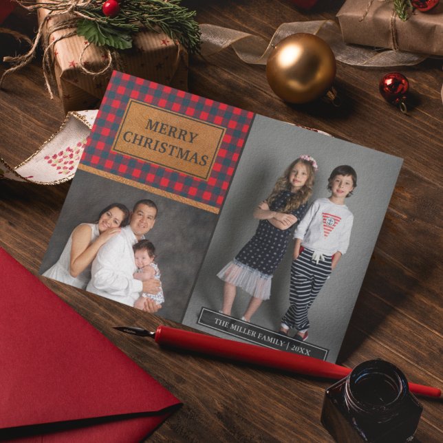 Faux Leather Buffalo Plaid Christmas Photo Collage Holiday Card (Creator Uploaded)