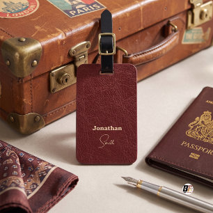 Faux Leather Burgundy Classic Monogram Luggage Tag