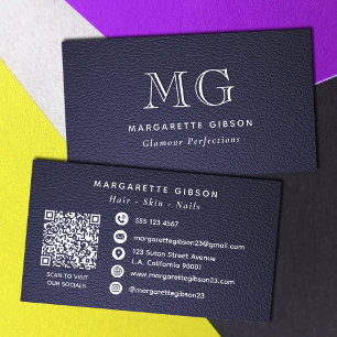 Faux leather Dark Blue and White Monogram QR Code Business Card
