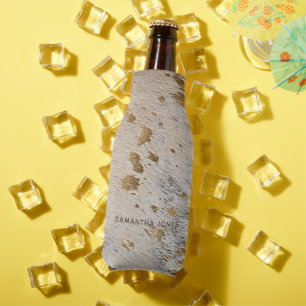 Faux Leather Gold Cowhide Personalized Your name Bottle Cooler