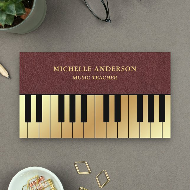 Faux Leather Gold Piano Keyboard Teacher Pianist Business Card (Creator Uploaded)