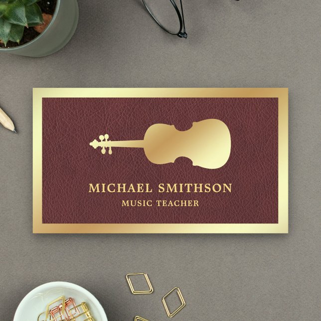 Faux Leather Gold Violin Music Teacher Violinist Business Card (Creator Uploaded)