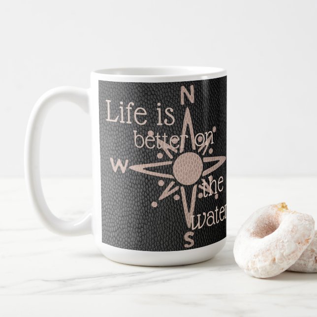 Faux Leather Look Compass Rose Anchor Coffee Mug (With Donut)
