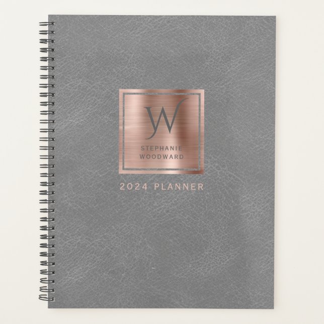 Faux Leather Look Grey Rose Gold Monogram 2024 Planner (Front)