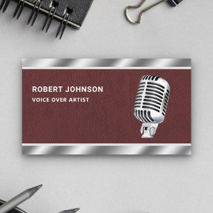 Faux Leather Metallic Microphone Voice Over Artist Business Card