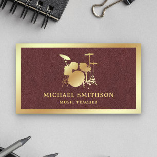 Faux Leather Music Teacher Gold Drum Kit Drummer Business Card