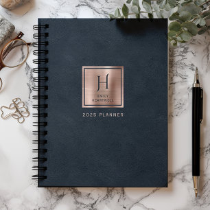 Faux Leather Navy Blue Rose Gold Monogram 2025 Planner