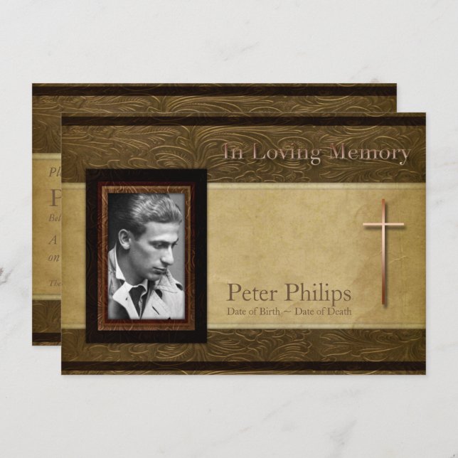 Faux leather parchment C Photo Memorial Service Invitation (Front/Back)